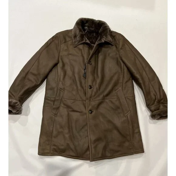 $2495 Gallotti Mens Brown Leather Shearling Fur-Lined Jacket Coat-Eu 54 US 44 - Picture 2 of 10